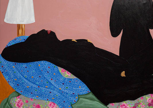 "Displaced Satisfaction" by Ghanaian artist Dela Quarshie (2024), a mixed media work exploring fragmented identity, psychological tension, and emotional complexity in contemporary African art. Presented by Afrikanizm.