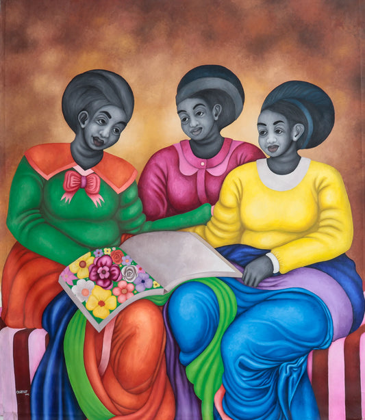 "Empowerment" by Kenyan artist Okamar Onesmus (2024), a figurative mixed media painting celebrating African womanhood, strength, and emotional resilience through vibrant and symbolic visual language. Presented by Afrikanizm.