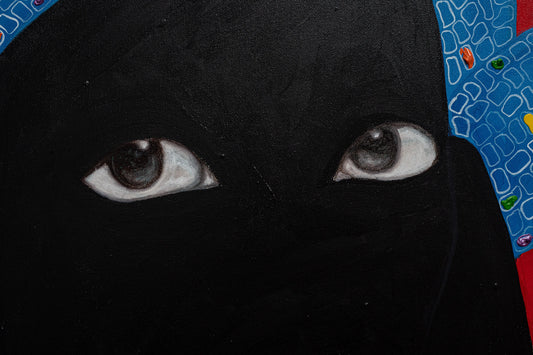 "Evita’s Gaze" by Ghanaian artist Dela Quarshie (2024), a mixed media portrait exploring feminine strength, stillness, and cultural identity through contemporary African expression. Presented by Afrikanizm.