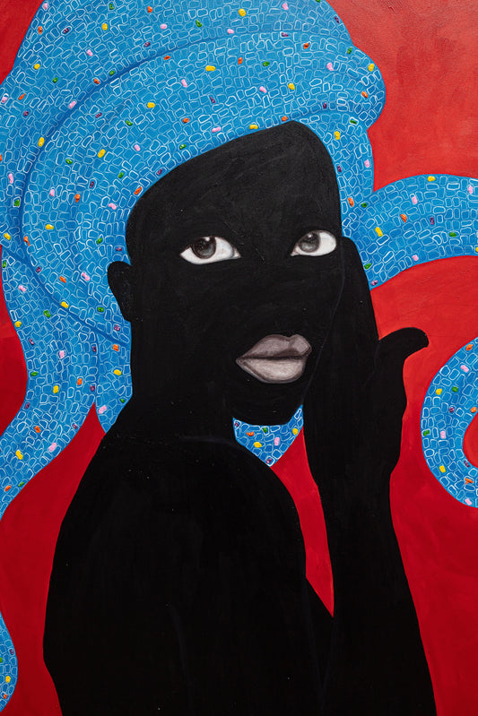 "Evita’s Gaze" by Ghanaian artist Dela Quarshie (2024), a mixed media portrait capturing feminine strength, introspection, and identity through bold visual language in contemporary African art. Presented by Afrikanizm.