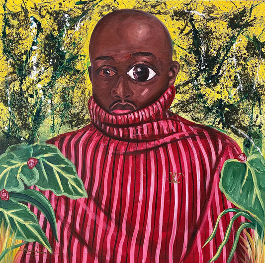 "Gaze" by Nigerian artist Obilala Nwankwo (2024), a figurative painting exploring perception, presence, and identity through expressive realism in contemporary African art. Presented by Afrikanizm.