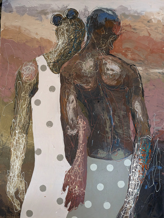"In Times Like This" by Nigerian artist Dennis Onofua (2024), a figurative painting capturing emotional vulnerability and strength through realism and social reflection in contemporary African art. Presented by Afrikanizm.