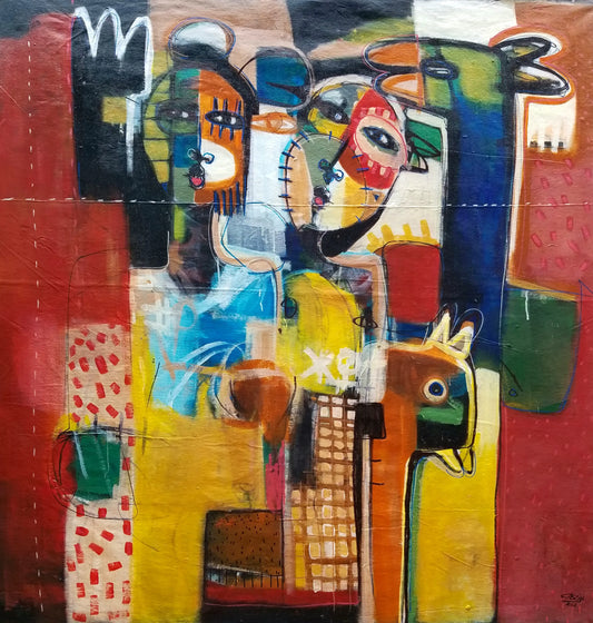 "In the Savanna" by Burkinabe artist CasziB (2024), a figurative painting capturing the spirit of African landscape, human presence, and symbolic coexistence in contemporary visual culture. Presented by Afrikanizm.