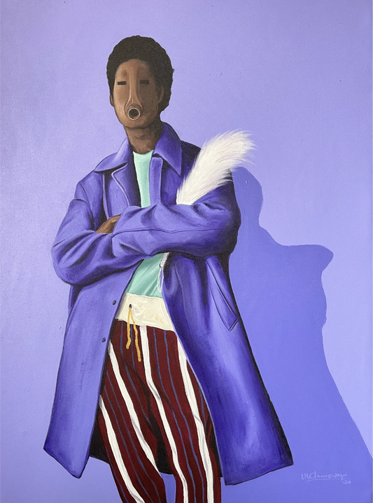 "Legacy Coat" by Nigerian artist Olanrewaju (2024), a figurative painting blending fashion, heritage, and identity to honor intergenerational legacy in contemporary African culture. Presented by Afrikanizm.