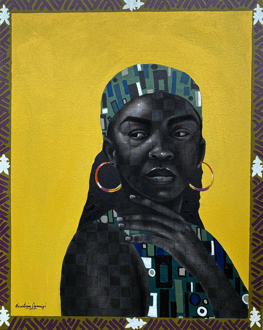 "No Going Back" by Nigerian artist Tosin Ogunniyi (2024), a figurative painting symbolizing spiritual strength, transformation, and the unwavering path forward in contemporary African art. Presented by Afrikanizm.
