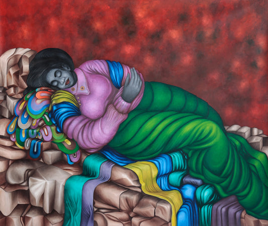 "Peace from Brocken Pieces" by Kenyan artist Okamar Onesmus (2024), a mixed media figurative painting expressing healing, resilience, and self-reconstruction in contemporary African narratives. Presented by Afrikanizm.