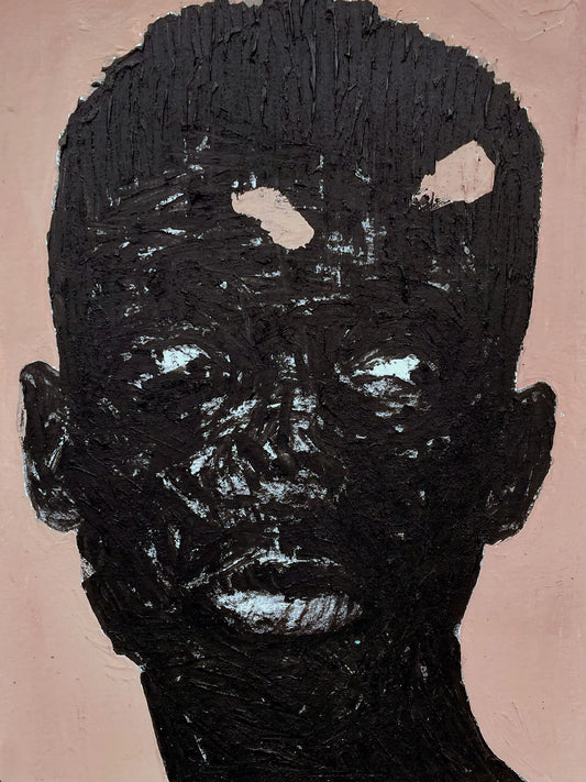 "Portrait of Absence I" by Cape Verdean artist Amadeo Carvalho (2024), a conceptual figurative painting reflecting on presence, identity, and emotional silence in contemporary African art. Presented by Afrikanizm.