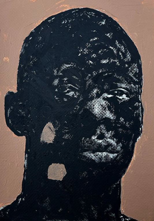 "Portrait of Absence XIV" by Cape Verdean artist Amadeo Carvalho (2024), a conceptual figurative painting exploring memory, presence, and emotional depth through minimalist portraiture. Presented by Afrikanizm.