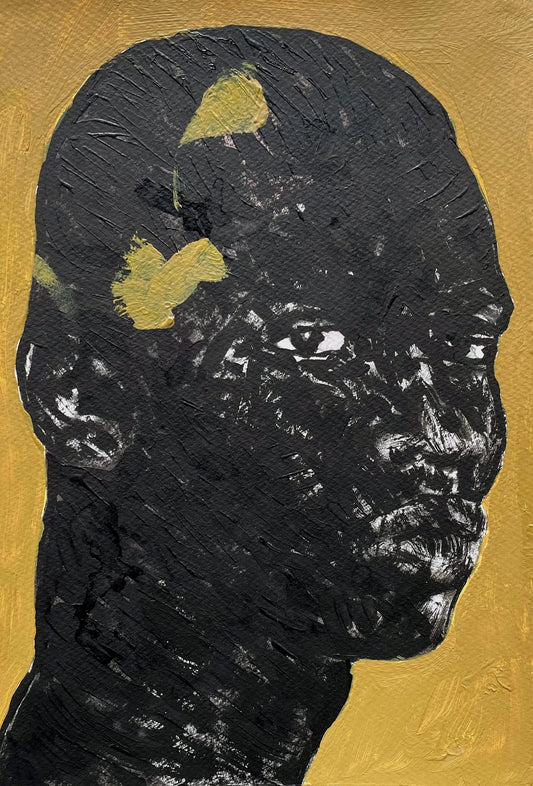"Portrait of Absence XI" by Cape Verdean artist Amadeo Carvalho (2024), a conceptual figurative painting exploring emotional void, identity, and the silences of memory in contemporary African portraiture. Presented by Afrikanizm.