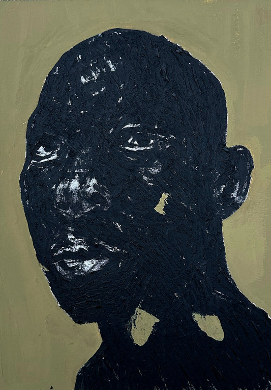 "Portrait of Absence XVIII" by Cape Verdean artist Amadeo Carvalho (2024), a conceptual figurative painting that explores silence, memory, and emotional voids in contemporary African identity. Presented by Afrikanizm.