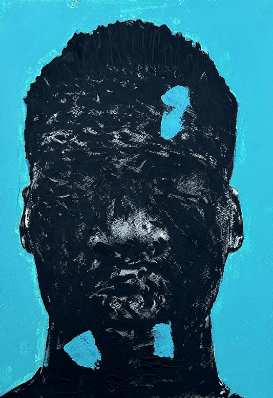 "Portrait of Absence XVII" by Cape Verdean artist Amadeo Carvalho (2024), a conceptual figurative painting that reflects on silence, emotional presence, and identity in contemporary African portraiture. Presented by Afrikanizm.