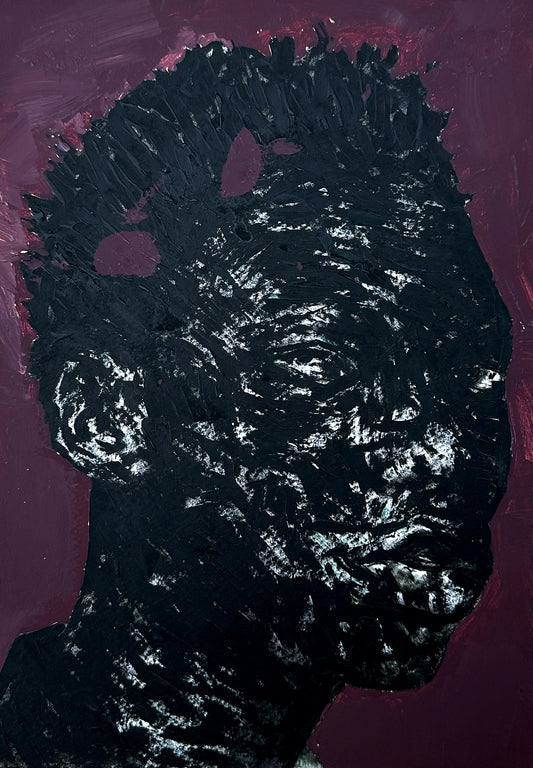 "Portrait of Absence XV" by Cape Verdean artist Amadeo Carvalho (2024), a conceptual figurative painting reflecting on silence, loss, and identity within contemporary African portraiture. Presented by Afrikanizm.