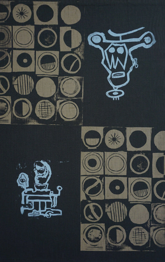 "Propaganda B" by Angolan artist Babu (2024), a figurative acrylic painting exploring themes of media, manipulation, and identity through a contemporary African lens. Presented by Afrikanizm.