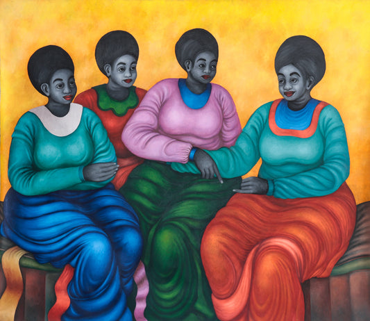 "Reaching Out" by Kenyan artist Okamar Onesmus (2023), a figurative mixed media painting exploring emotional vulnerability, human connection, and spiritual presence in contemporary African art. Presented by Afrikanizm.