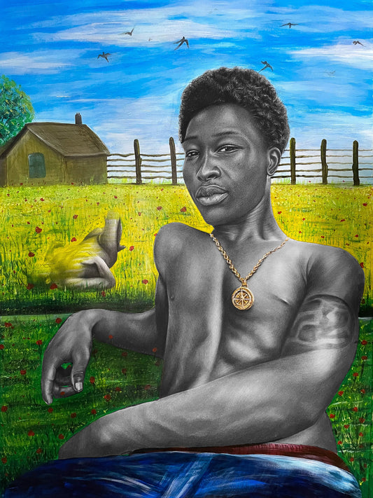"Son of the Soil" by Nigerian artist Ibim Cookey (2024), a figurative painting honoring African identity, ancestral connection, and the cultural power of land and heritage. Presented by Afrikanizm.