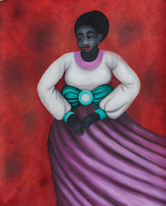 "Stillness Amidst Tempest" by Kenyan artist Okamar Onesmus (2024), a mixed media figurative painting exploring emotional resilience, calm within chaos, and contemporary African identity. Presented by Afrikanizm.