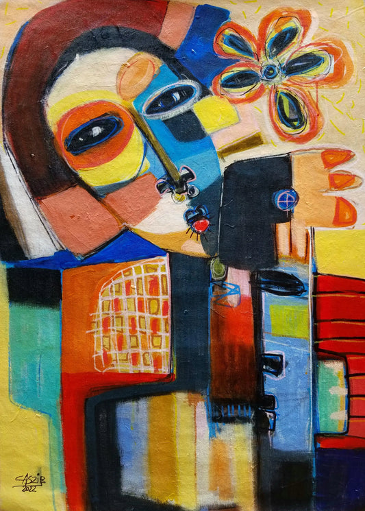 "The Foreigner" by Burkinabe artist CasziB (2024), a figurative painting addressing identity, displacement, and social perception through powerful visual narrative. Presented by Afrikanizm.