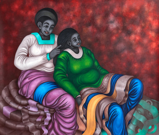 "The Guider" by Kenyan artist Okamar Onesmus (2024), a figurative mixed media painting reflecting spiritual guidance, ancestral connection, and identity within contemporary African expression. Presented by Afrikanizm.