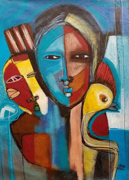 "The Insider" by Burkinabe artist CasziB (2024), a figurative painting addressing perception, exclusion, and power within contemporary African society. Presented by Afrikanizm.