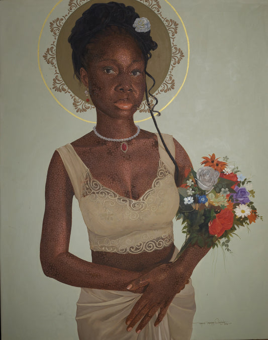 "The Reality of Who I Am – Love 1" by Ghanaian artist Francis Jeremiah (2024), a mixed media artwork reflecting on self-perception, love, and the emotional layers of identity in contemporary African art. Presented by Afrikanizm.