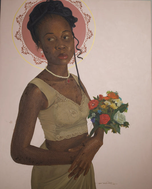 "The Reality of Who I Am – Love 2" by Ghanaian artist Francis Jeremiah (2024), a mixed media artwork reflecting on self-worth, emotional depth, and personal transformation in contemporary African art. Presented by Afrikanizm.