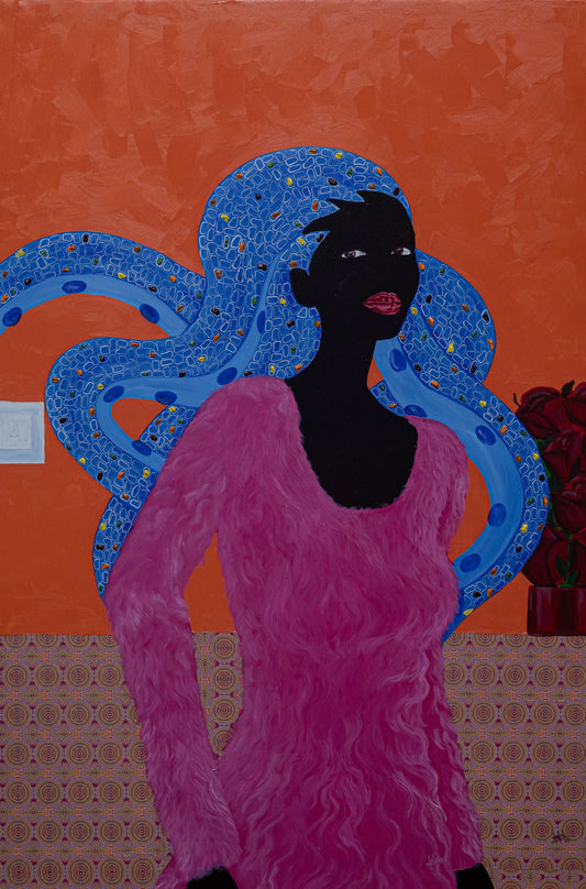 "Unbothered Fuchsia" by Ghanaian artist Dela Quarshie (2024), a vibrant mixed media portrait celebrating self-assurance, individuality, and colour as cultural expression in contemporary African art. Presented by Afrikanizm.