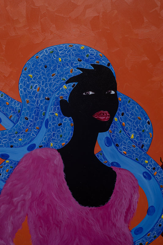 "Unbothered Fuchsia" by Ghanaian artist Dela Quarshie (2024), a mixed media portrait blending vibrant colour symbolism with themes of serenity, presence, and unapologetic identity in contemporary African art. Presented by Afrikanizm.
