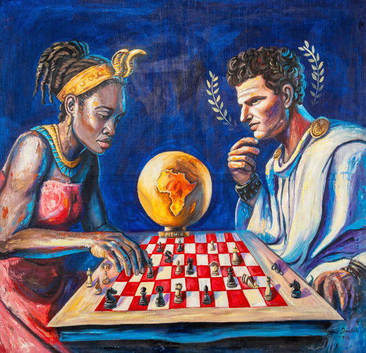 "War Strategy: Amanirenas and Caesar Augustus" by Angolan artist Josué Dombele (2024), a figurative painting narrating the legendary confrontation between the Nubian queen and Roman emperor, reclaiming African historical agency through contemporary art. Presented by Afrikanizm.