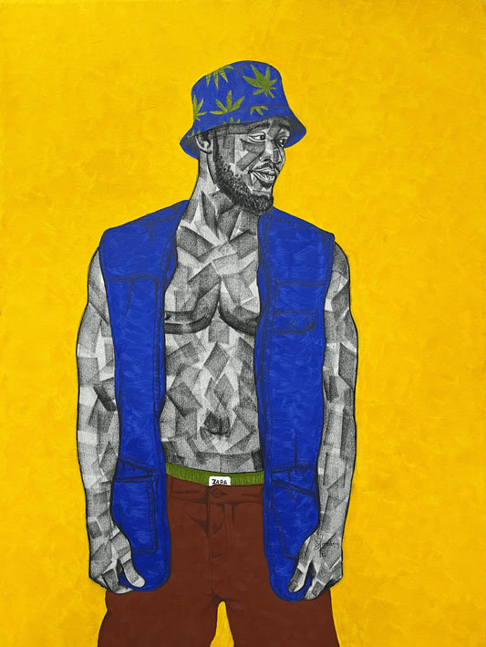 "Area Guy" by Ghanaian artist Kofi Amoateng (2024), a contemporary figurative painting using acrylic on canvas. A vibrant portrait exploring identity, posture, and urban presence in African visual culture. Presented by Afrikanizm.
