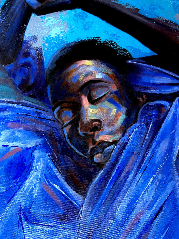 "Breathe" by Nigerian artist Bello Gabriel (2024), a figurative mixed media painting capturing emotional release, self-awareness, and quiet resistance through contemporary African visual language. Presented by Afrikanizm.
