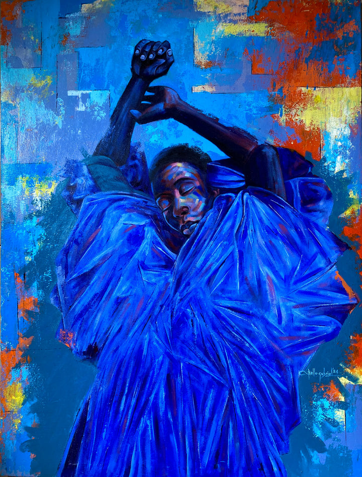 "Breathe" by Nigerian artist Bello Gabriel (2024), a figurative mixed media painting expressing emotional release, self-reflection, and inner strength in contemporary African art. Presented by Afrikanizm.
