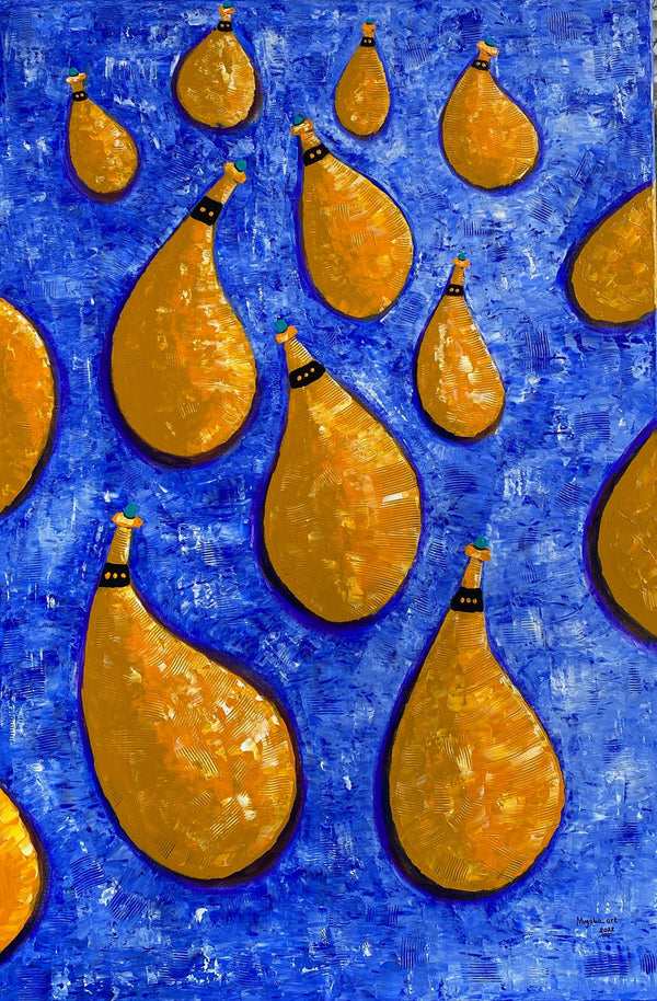 "Calabash Secrecy" by Rwandan artist Aimable Mugabo (2024), a symbolic mixed media painting reflecting on tradition, hidden knowledge, and cultural identity through African visual mysticism. Presented by Afrikanizm.
