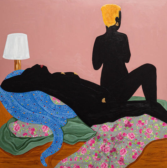 "Displaced Satisfaction" by Ghanaian artist Dela Quarshie (2024), a mixed media figurative artwork exploring fractured identity, emotional displacement, and psychological resilience in contemporary African art. Presented by Afrikanizm.
