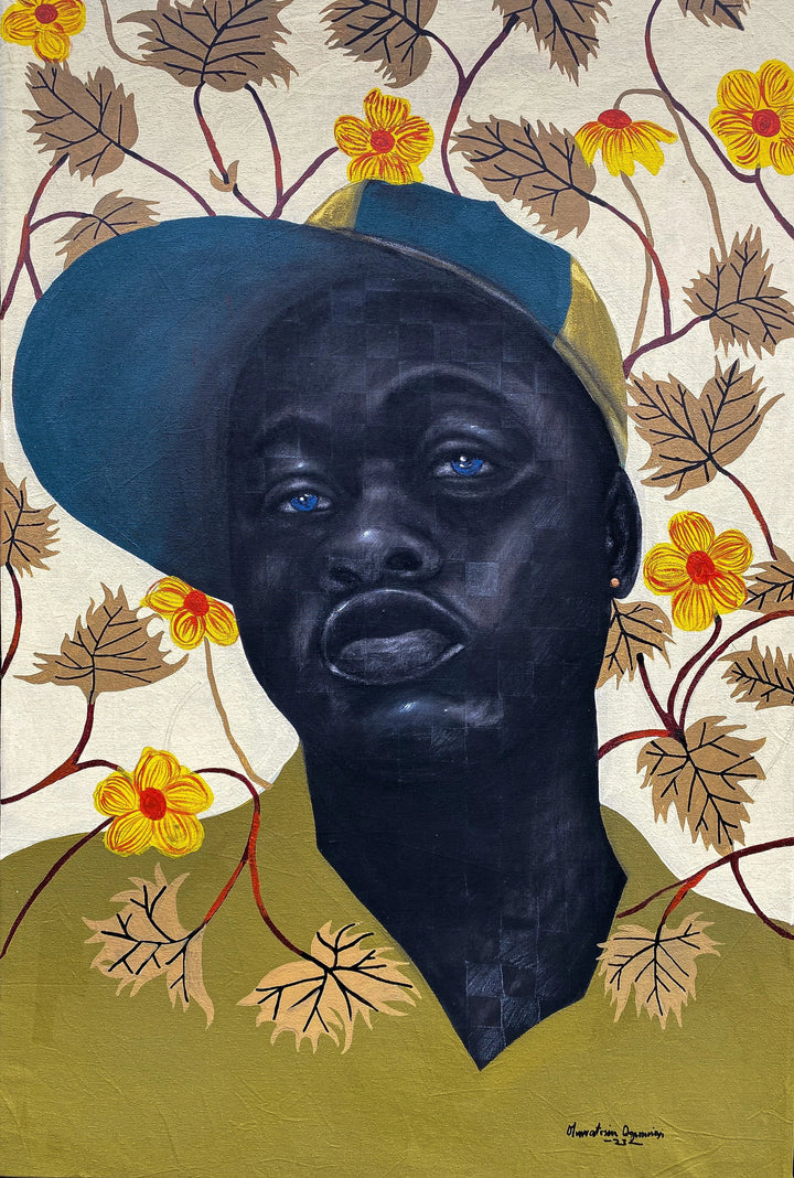 "Exodus" by Nigerian artist Tosin Ogunniyi (2024), a figurative painting exploring themes of spiritual migration, cultural memory, and ancestral movement in contemporary African art. Presented by Afrikanizm.
