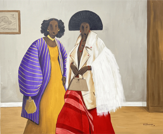 "Glit and Glam" by Nigerian artist Olanrewaju (2024), a contemporary figurative painting inspired by fashion, luxury, and modern African femininity. Presented by Afrikanizm.
