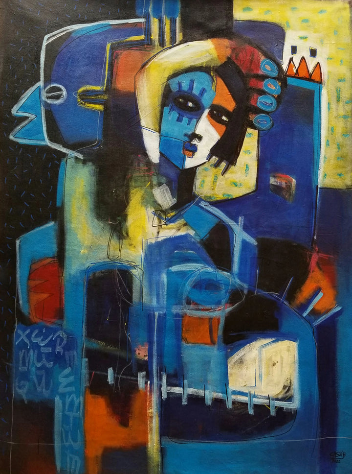"Incandescent Duet" by Burkinabe artist CasziB (2024), a figurative painting expressing duality, emotional intensity, and cultural connection through symbolic composition. Presented by Afrikanizm.
