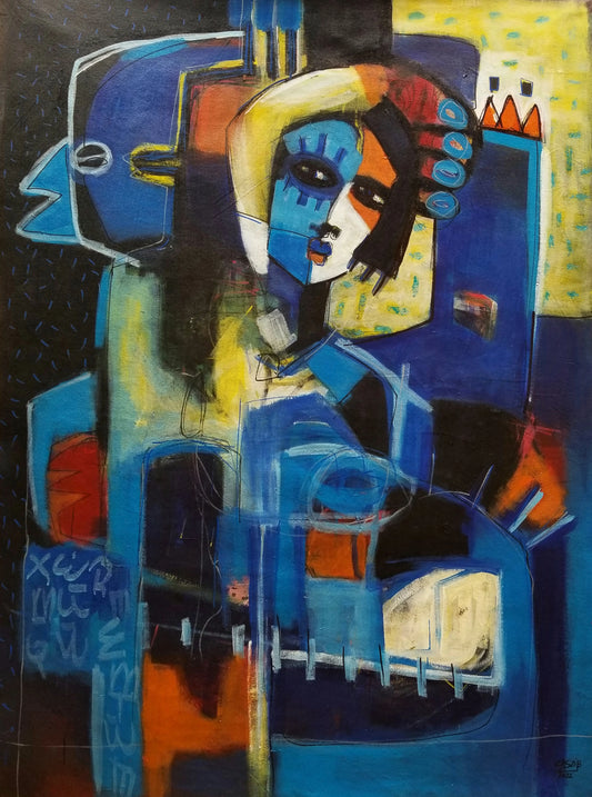 "Incandescent Duet" by Burkinabe artist CasziB (2024), a figurative painting expressing duality, emotional intensity, and cultural connection through symbolic composition. Presented by Afrikanizm.
