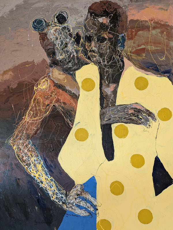 "Lovest Thou Me" by Nigerian artist Dennis Onofua (2024), a figurative painting blending biblical themes with emotional realism to explore love, vulnerability, and spiritual dialogue in contemporary African art. Presented by Afrikanizm.
