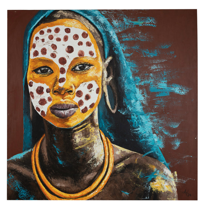 "Muhatu Ngada Casala Né Yiyi" by Angolan artist Adilson Vieira (2024), a figurative painting celebrating feminine identity, cultural symbolism, and ancestral strength in contemporary African art. Presented by Afrikanizm.
