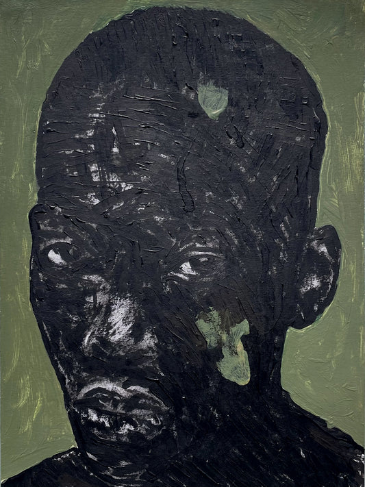 "Portrait of Absence VIII" by Cape Verdean artist Amadeo Carvalho (2024), a conceptual figurative painting reflecting on silence, identity, and emotional presence in contemporary African portraiture. Presented by Afrikanizm.
