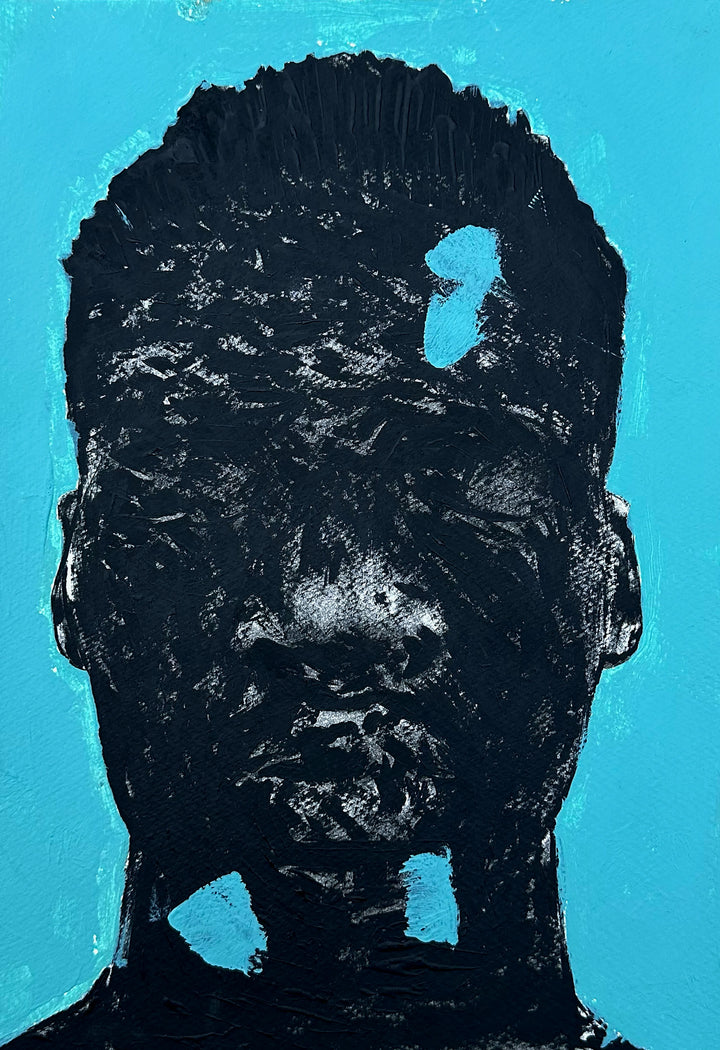 "Portrait of Absence XVII" by Cape Verdean artist Amadeo Carvalho (2024), a conceptual figurative painting that reflects on silence, emotional presence, and identity in contemporary African portraiture. Presented by Afrikanizm.
