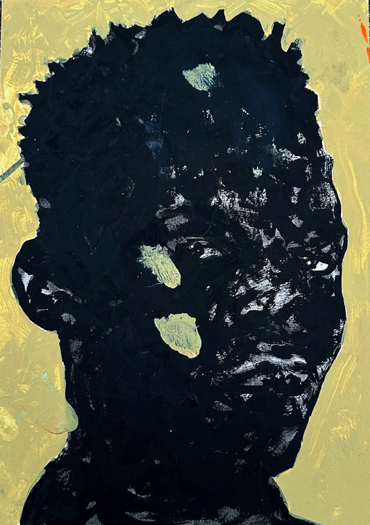 "Portrait of Absence XXIV" by Cape Verdean artist Amadeo Carvalho (2024), a conceptual figurative painting exploring memory, silence, and the emotional depth of absence in contemporary African portraiture. Presented by Afrikanizm.
