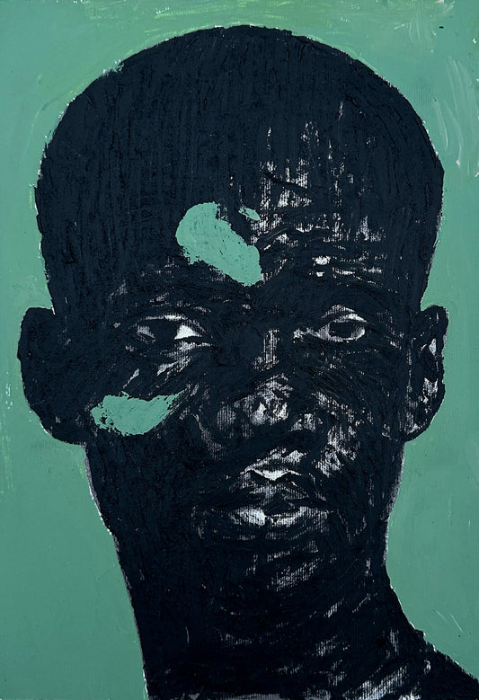 "Portrait of Absence XXV" by Cape Verdean artist Amadeo Carvalho (2024), a conceptual figurative painting exploring invisibility, emotional memory, and the complexity of identity in contemporary African portraiture. Presented by Afrikanizm.
