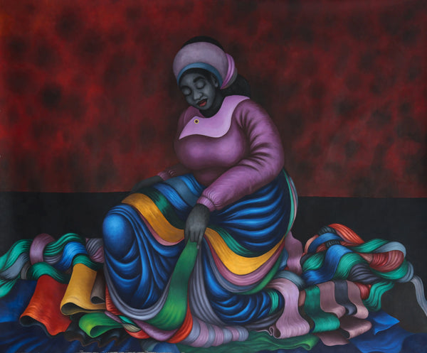 "Recollection" by Kenyan artist Okamar Onesmus (2024), a figurative mixed media painting exploring memory, personal identity, and psychological layers through contemporary African visual language. Presented by Afrikanizm.
