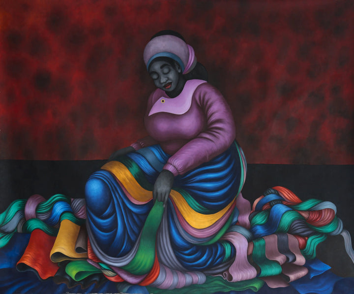 "Recollection" by Kenyan artist Okamar Onesmus (2024), a figurative mixed media painting exploring memory, personal identity, and psychological layers through contemporary African visual language. Presented by Afrikanizm.
