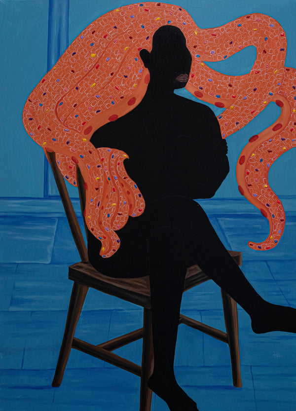 "Seated Consciousness" by Ghanaian artist Dela Quarshie (2024), a mixed media painting exploring introspection, presence, and the layered complexity of identity in contemporary African art. Presented by Afrikanizm.
