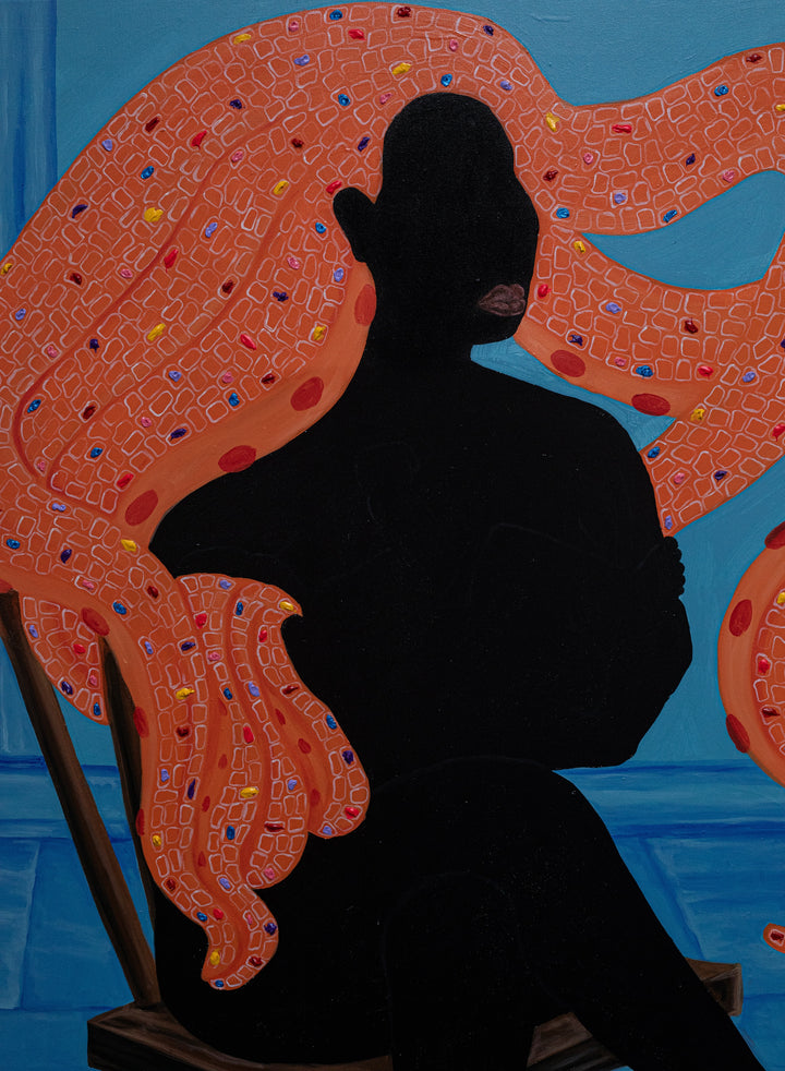 "Seated Consciousness" by Ghanaian artist Dela Quarshie (2024), a mixed media painting exploring introspection, presence, and the layered complexity of identity in contemporary African art. Presented by Afrikanizm.
