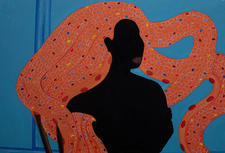 "Seated Consciousness" by Ghanaian artist Dela Quarshie (2024), a mixed media painting exploring introspection, presence, and the layered complexity of identity in contemporary African art. Presented by Afrikanizm.
