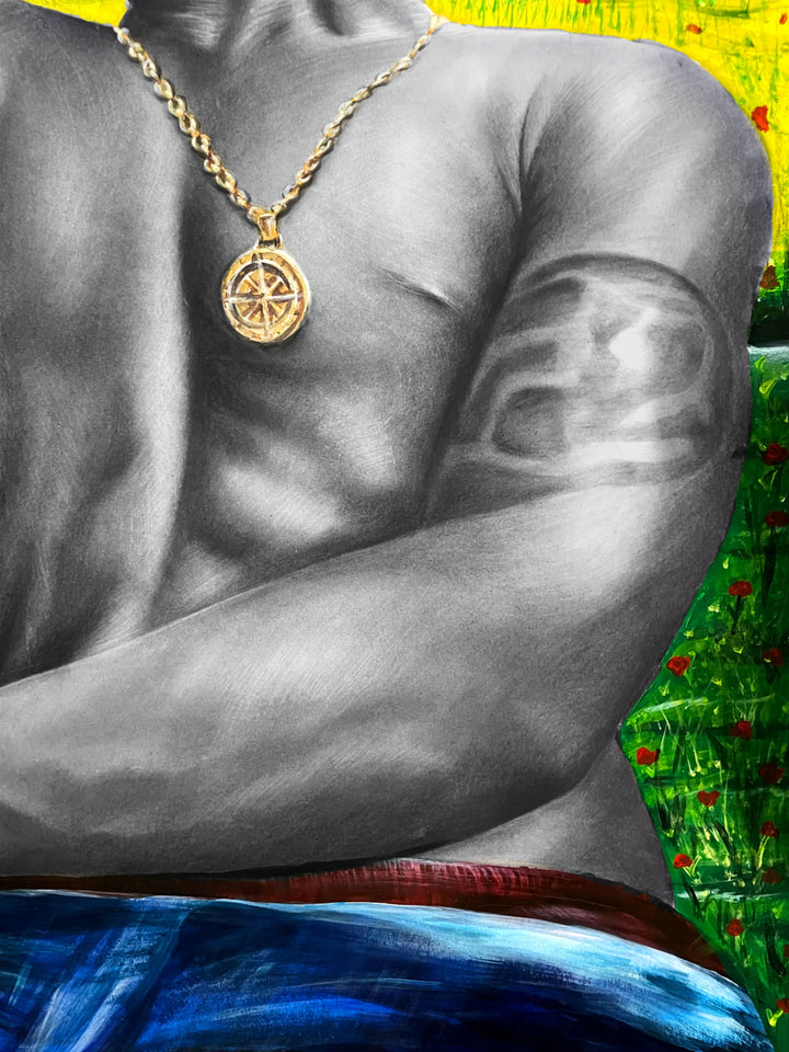 "Son of the Soil" by Nigerian artist Ibim Cookey (2024), a figurative painting honoring African identity, ancestral connection, and the cultural power of land and heritage. Presented by Afrikanizm.
