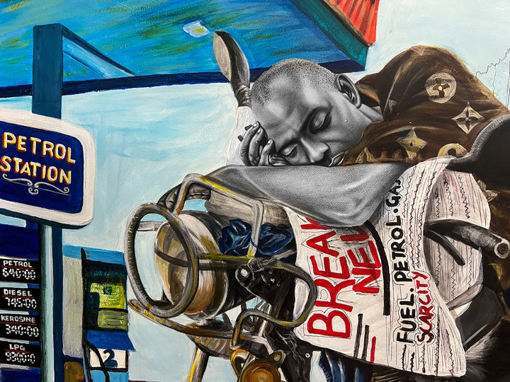"Subsidy Regime" by Nigerian artist Ibim Cookey (2024), a powerful figurative painting addressing economic inequality and government policy through layered visual storytelling. Presented by Afrikanizm.

